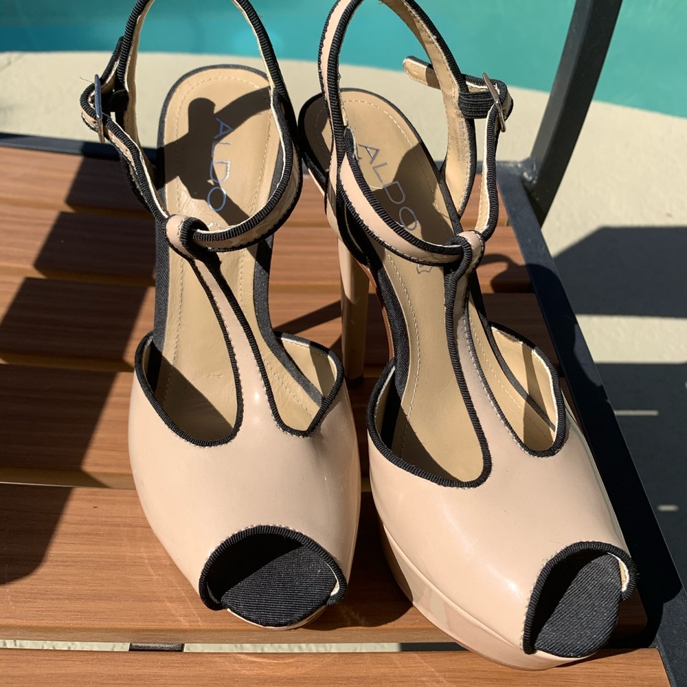 Aldo Nude and Black T-Strap Peep Toe Heels